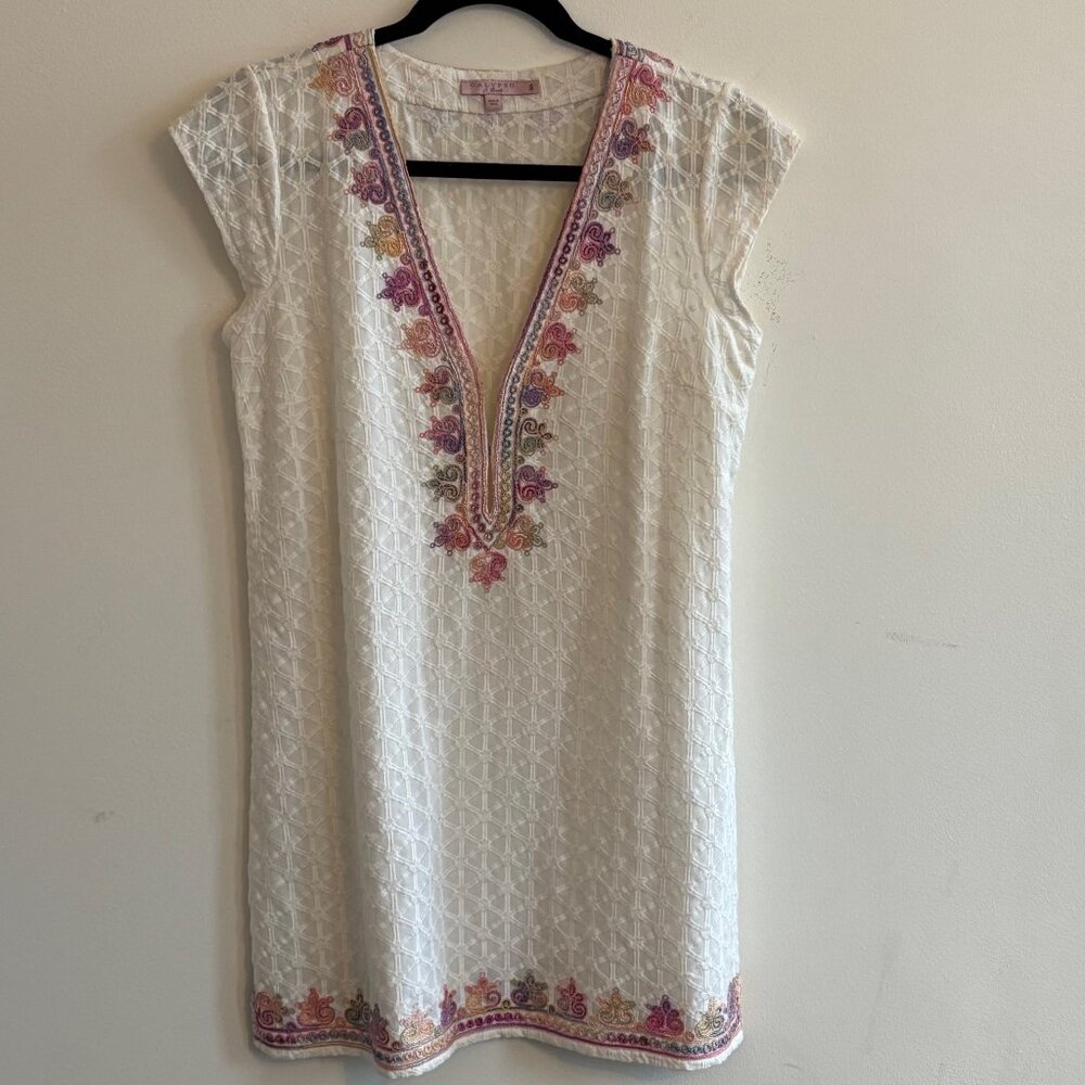 Calypso St. Barth Sashka White Multi-Color Embroidered Shift Dress - Size S
